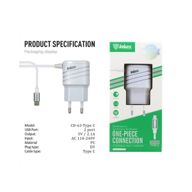 Inkax Mobile Charger 2xUSB with Built-in Cable 1M Type C 2.1A CD-63 White