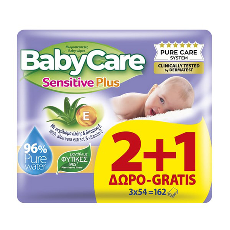 BabyCare Sensitive Plus Μωρομάντηλα με Αλόη 3x54τμχ 2+1 ΔΩΡΟ Βρεφικά Είδη