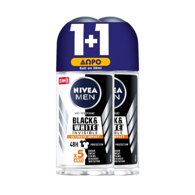 Nivea Men Black & White Invisible Ultimate Impact Αποσμητικό Roll-On 2x50ml 1+1 ΔΩΡΟ
