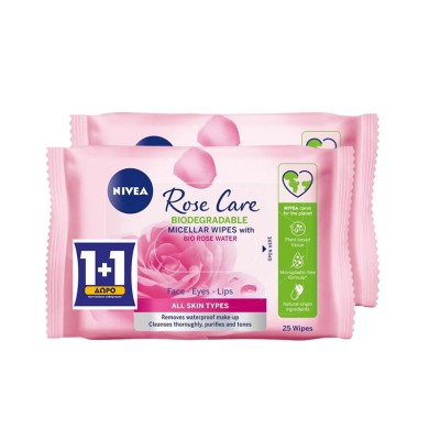 Nivea Rose Care Micellar Μαντηλάκια Καθαρισμού με Pοδόνερο 2x25τμχ 1+1 ΔΩΡΟ