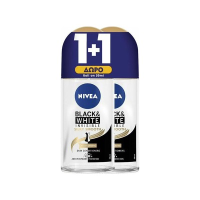 Nivea Black & White Invisible Silky Smooth Αποσμητικό Roll-On 2x50ml 1+1 ΔΩΡΟ Υγεία & Ομορφιά