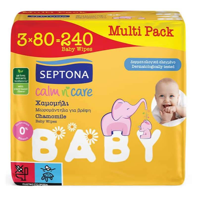 Septona Calm n' Care Baby Μωρομάντηλα με Χαμομήλι 3x80τμχ 2+1 ΔΩΡΟ Βρεφικά Είδη