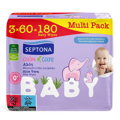 Septona Calm n' Care Baby Baby Wipes with Aloe 3x60pcs 2+1 GIFT Baby Products