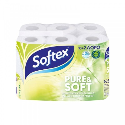 Softex Pure & Soft Χαρτί Υγείας 2φύλλα 10τμχ+2 ΔΩΡΟ Είδη Καθαρισμού