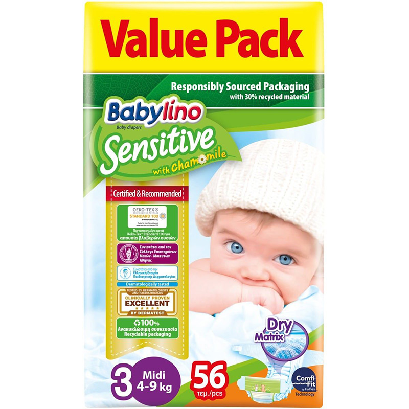 Babylino Children's Diapers Sensitive No.3 for 4-9kg 56pcs Baby Products