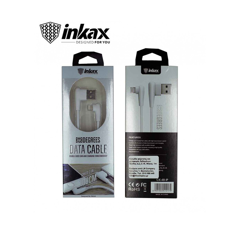 Ιnkax 90 Degrees USB Cable to Lightning 1M to 2.1Α CK-48 Technology