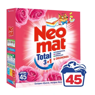 Neomat Total 3+1 Powdered Laundry Detergent with Wild Rose 45 Measures Cleaning
