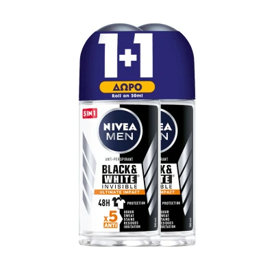 Nivea Men Black & White Invisible Ultimate Impact Αποσμητικό Roll-On 2x50ml 1+1 ΔΩΡΟ Υγεία & Ομορφιά