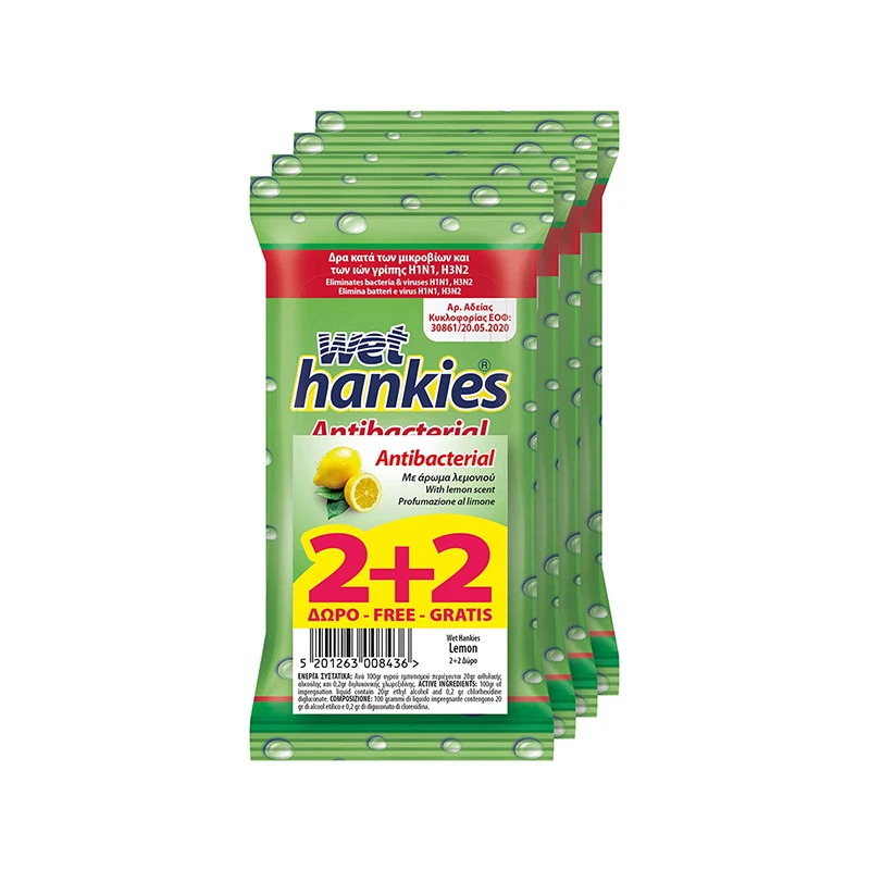 Wet Hankies Αντιβακτηριδιακά Μαντηλάκια με Λεμόνι 4x15τμχ 2+2 ΔΩΡΟ Υγεία & Ομορφιά